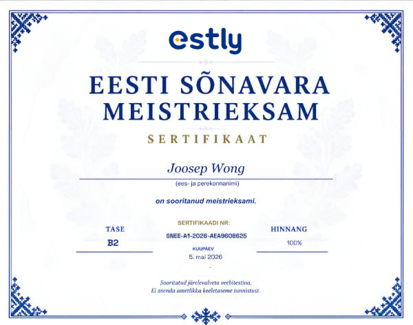 Example Estly.ee completion certificate